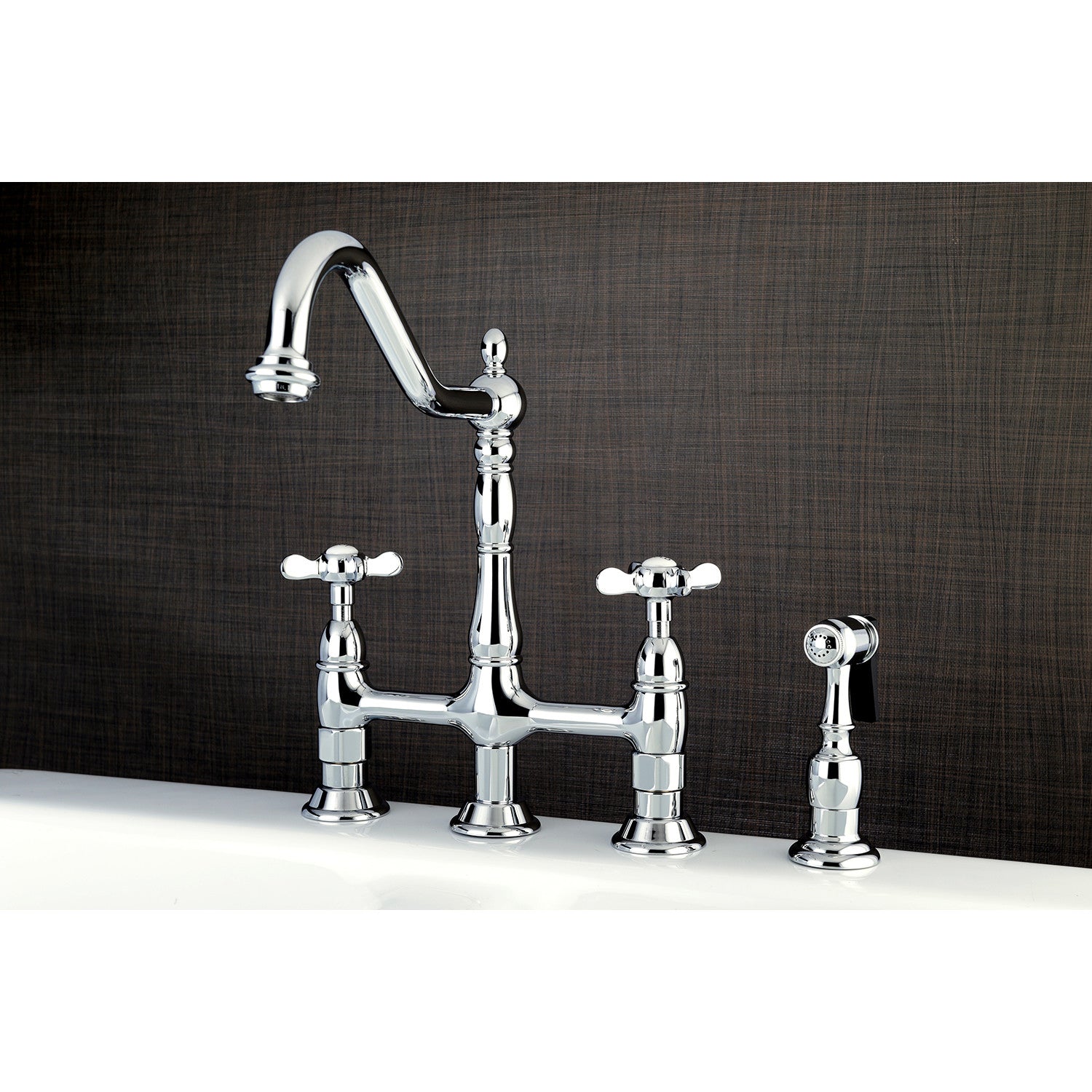 Kingston Heirloom KS1271BEXBS - Essex Two-Handle 4-Hole Deck Mount Bridge Kitchen Faucet with Brass Sprayer, Polished Chrome — thumbnail 3